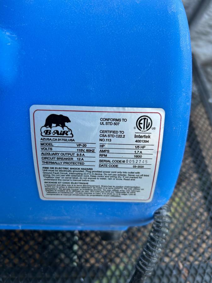 B-AIR VP-20 ⅕ HP COMMERCIAL AIR MOVER & BLOWER FAN: BLUE